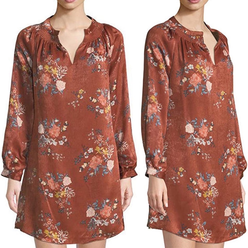 LAUNDRY BY SHELLI SEGAL Satin Long Sleeve Floral V Neck Tan Neutral Size 6